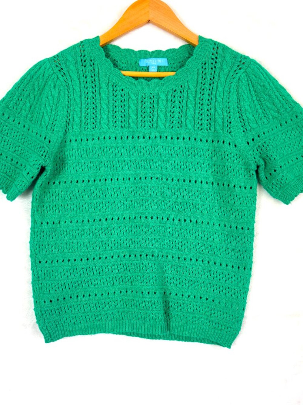 DRAPER JAMES RSVP Cable Knit Pointelle Scallop Short Sleeve Sweater Top XS